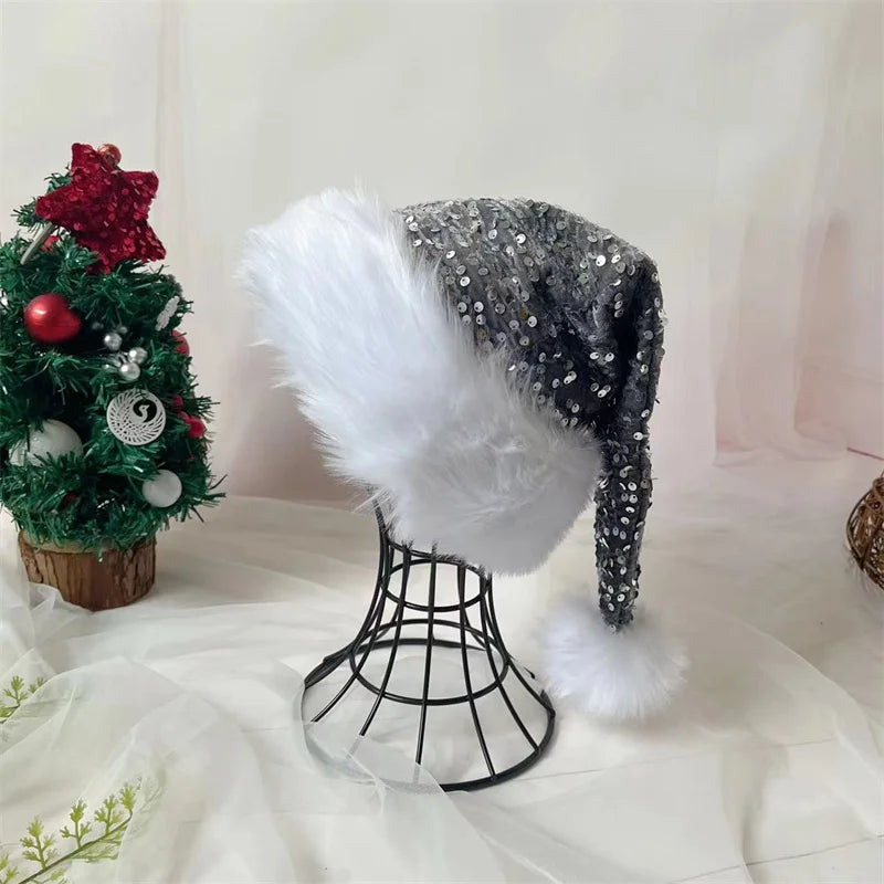 Black and White Fur Plush Hat for Adults and Children, Christmas Cap, Xmas Party, Home Decoration, High Quality