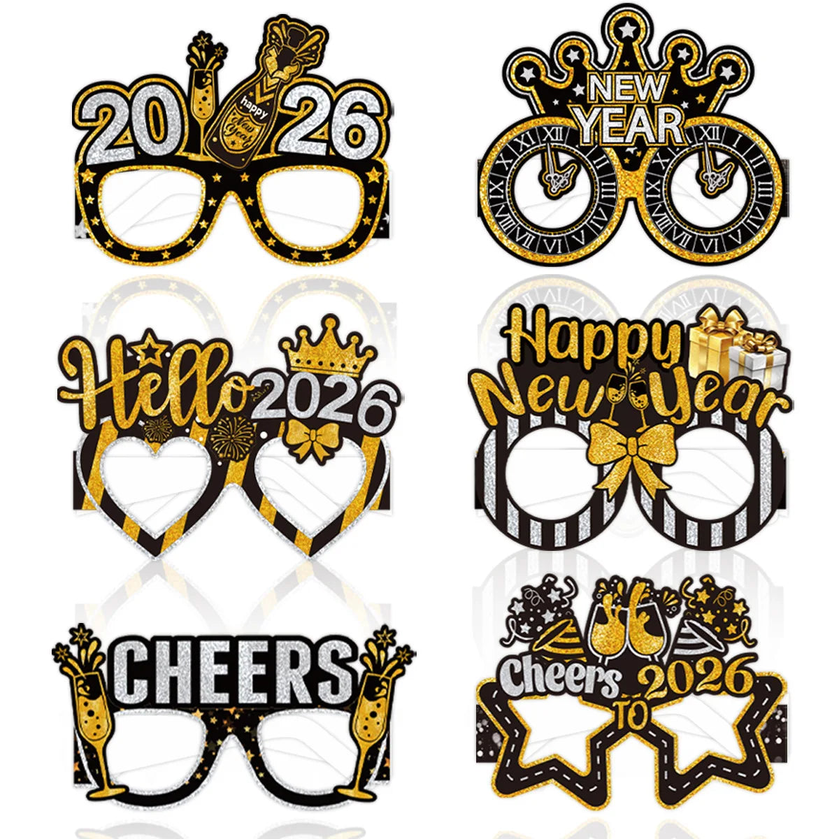 6 pieces, 2026 Happy New Year Black Gold New Year paper glasses, New Year's Eve decoration photo props - New Year's party
