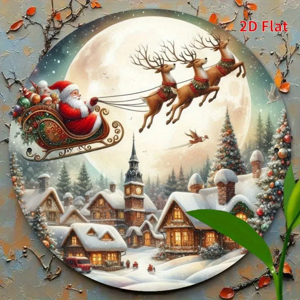Vintage Santa Claus Sleigh Metal Wall Decor - 2D Flat Christmas Decoration with Reindeer Winter Village