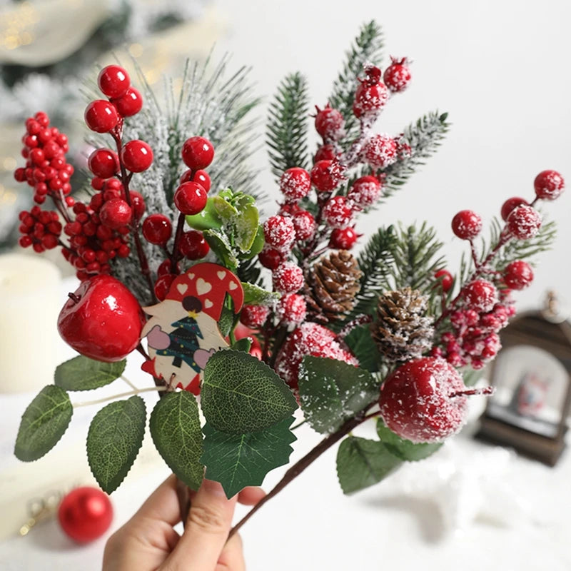 Christmas Decorations Red Berry Artificial Pine Bouquet Branch Xmas Tree Ornament Home Decor New Year 2025 DIY Gifts Accessories