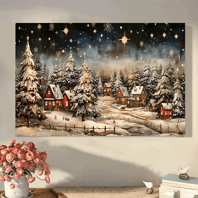 1PC Charming Farmhouse Winter Village Night View - Framed Canvas Wall Art Christmas Decorations and Holiday Gifts Framed