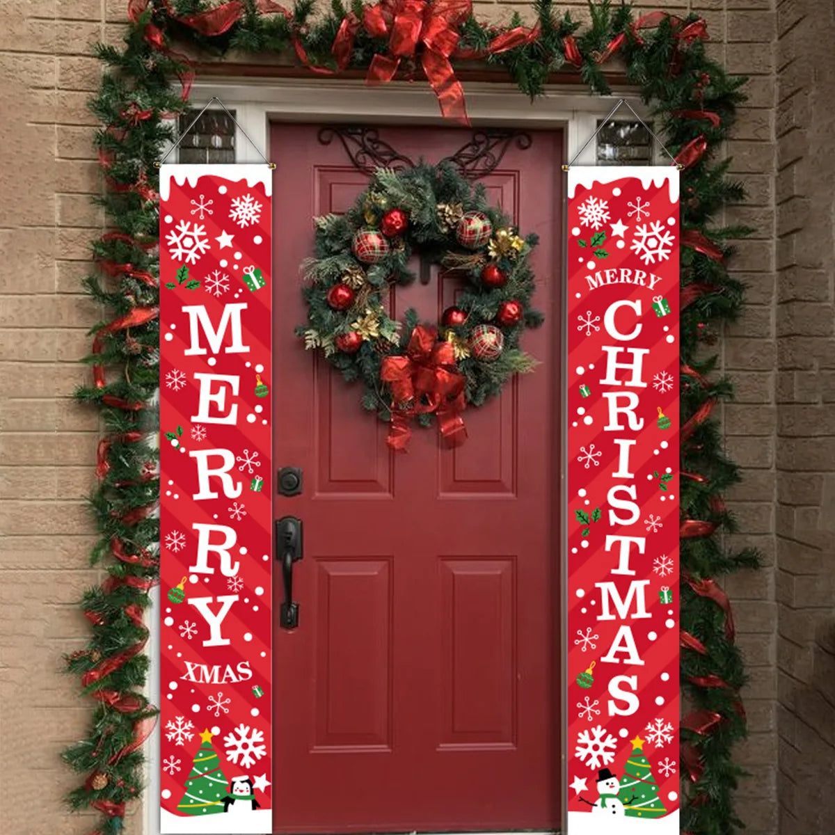 1set Christmas Decorations Door Banner Merry Christmas Santa Snowman Hanging Banner Supplies New Year Home Xmas Decor Noel