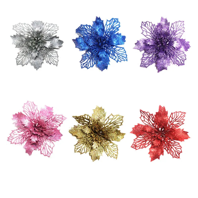 9cm Glitter Artifical Christmas Flowers Christmas Tree Wreath Decorations Fake Flowers Xmas Garland Ornaments New Year 2024