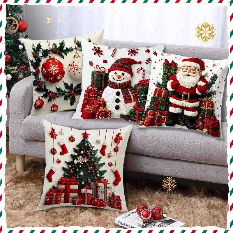 45x45cm Linen Plush Cartoon Snowman Print Throw Pillowcase Santa Cluas Xmas Merry Christmas Decor 2025 Happy New Year 2026
