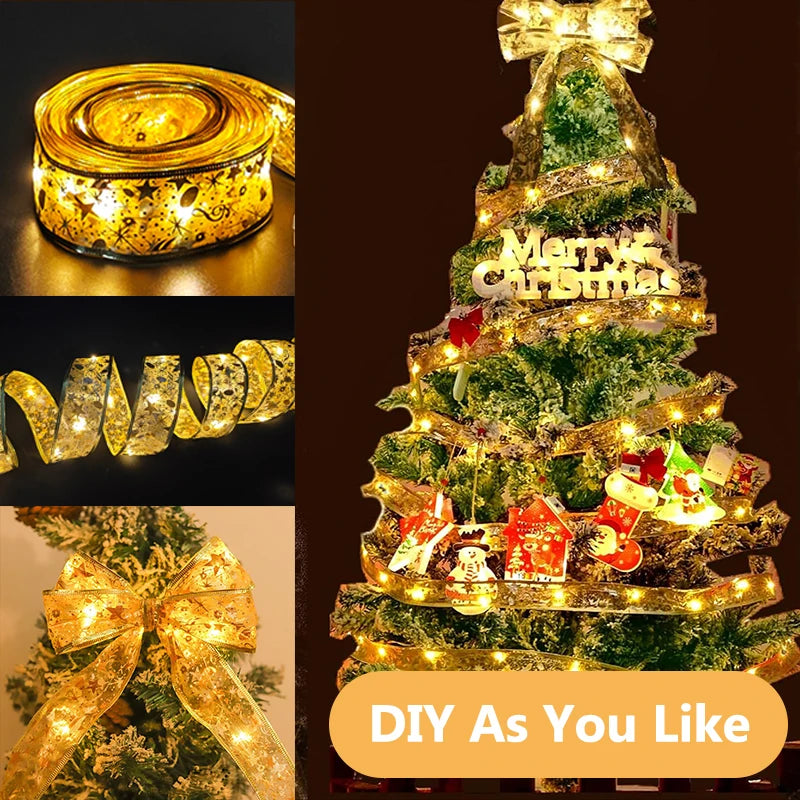 1-10M Christmas luminous lights decoration golden Ribbon Fairy String Lights for Home Party Christmas tree supplies decor