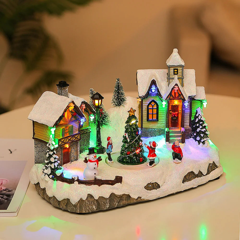 Christmas Luminous House Ornaments Scene Figurine Snow House Figurine Party Favors LED Light and Music for Home Holiday Table