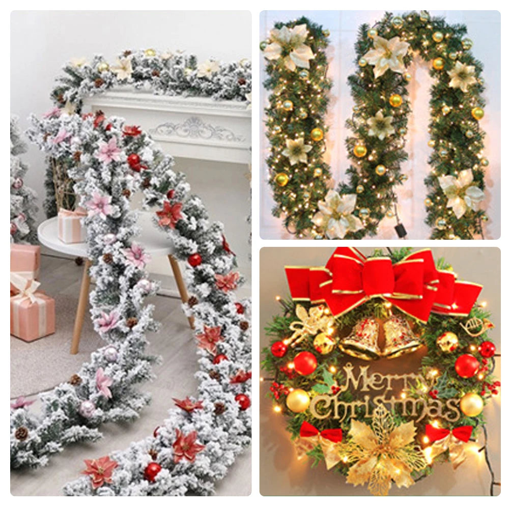 9cm Glitter Artifical Christmas Flowers Christmas Tree Wreath Decorations Fake Flowers Xmas Garland Ornaments New Year 2024