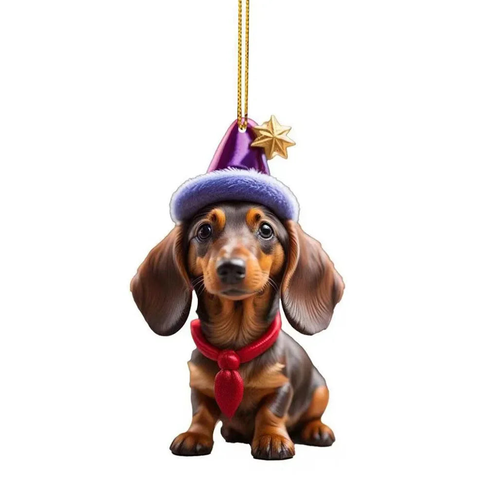 Christmas Hanging Dog Decor Acrylic Dog Figurines Decor Funny Puppy Pendant Xmas Tree Backpack Car Interior Decor