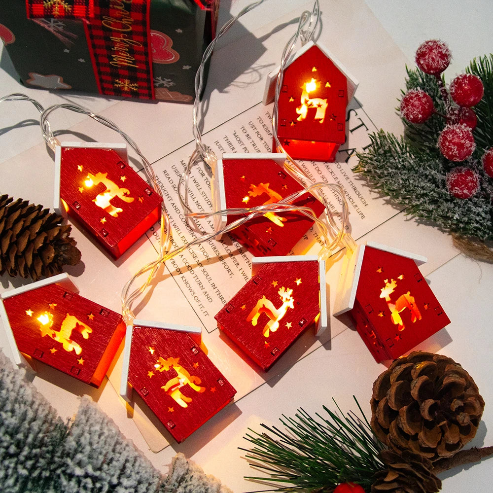 Wooden House Shaped Christmas LED String Lights Xmas Tree Hanging Lights Wood House LED Fairy Lamp for Christmas Home Noel 2024