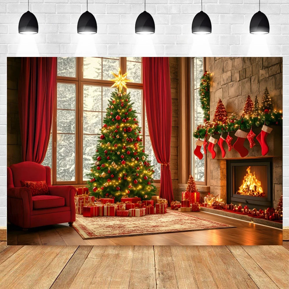 Christmas Photography Backdrop Xmas Tree Gift Toy Window Wood Door Kids Portrait Family Party Photo Background Decor Photostudio