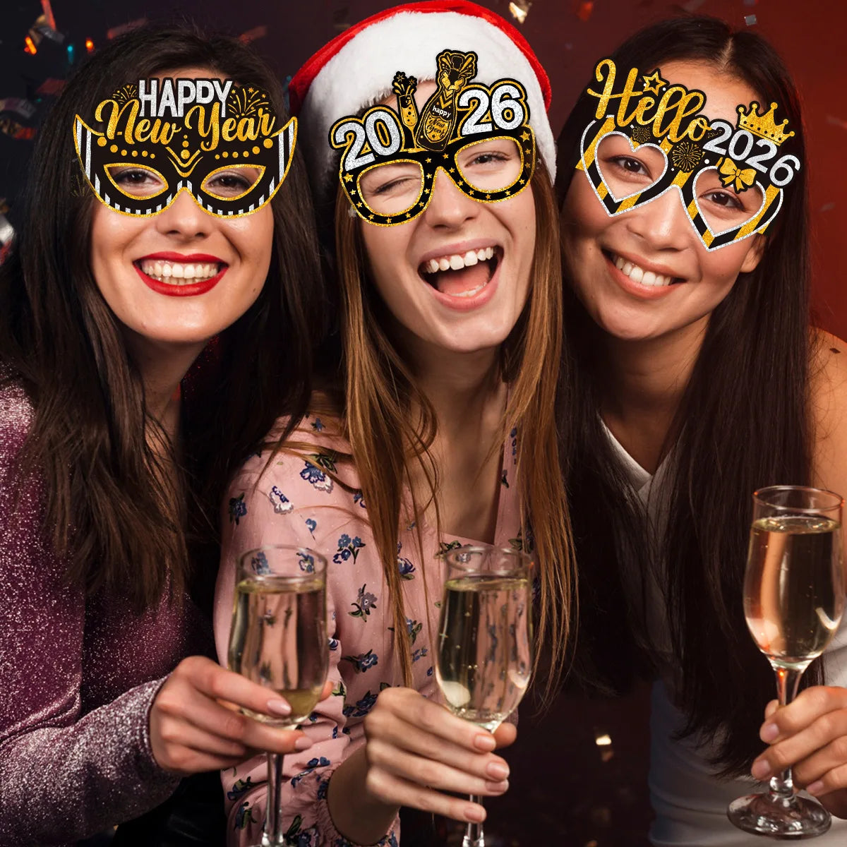 6 pieces, 2026 Happy New Year Black Gold New Year paper glasses, New Year's Eve decoration photo props - New Year's party