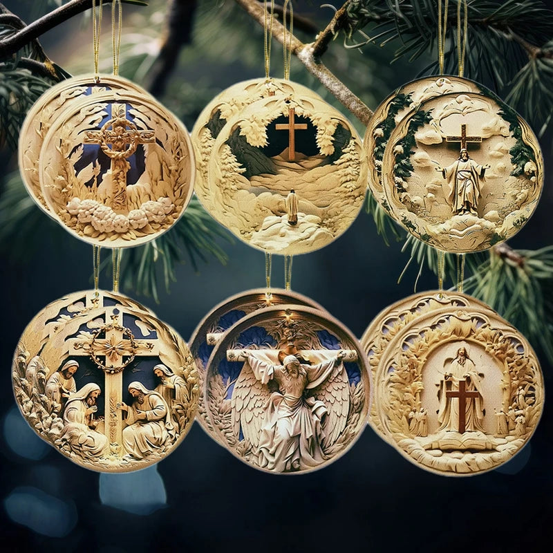 Rustic Nativity Scene Ornaments Set Wooden Christmas Decorations Mini Round Signs for Holiday Home Décor and Gifts