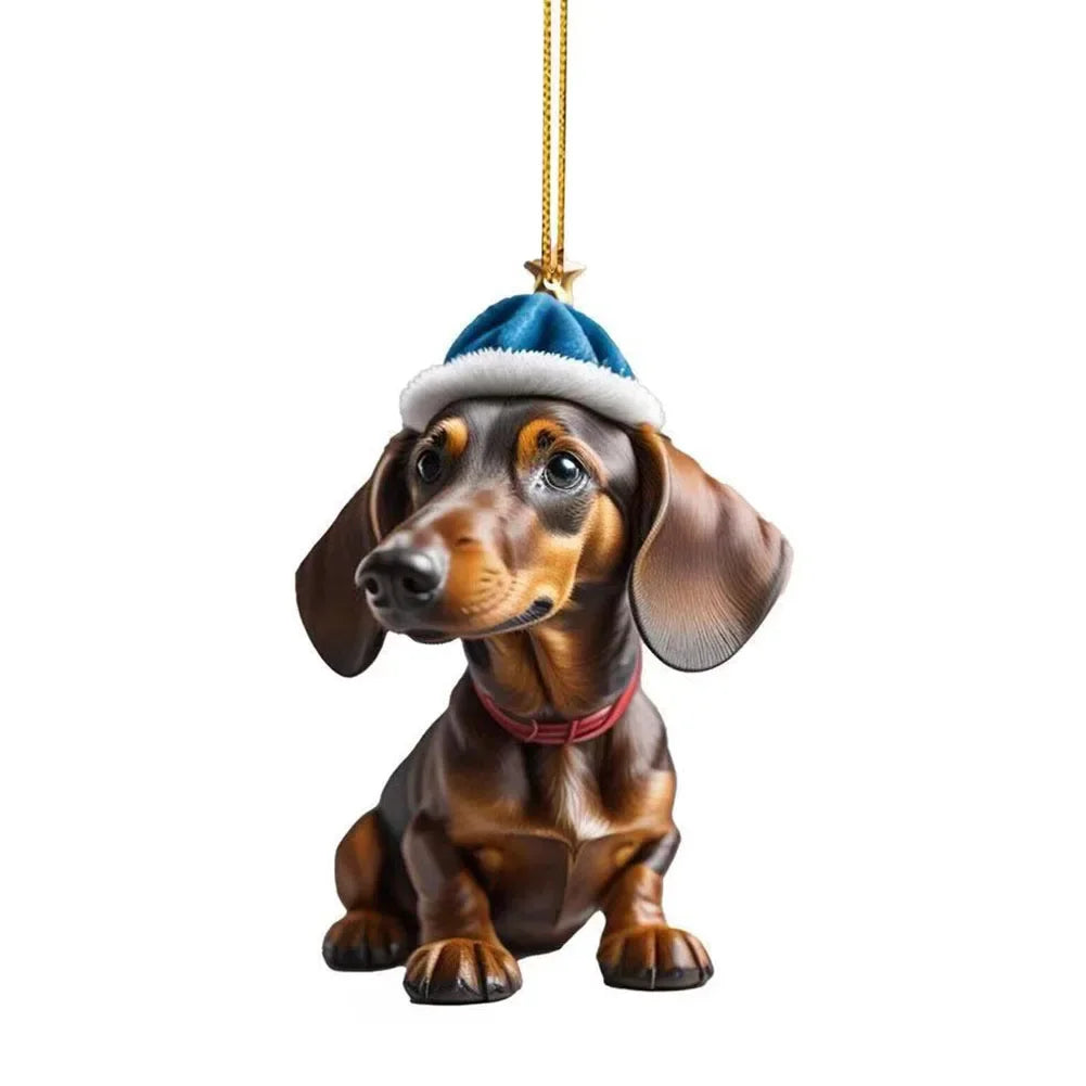 Christmas Hanging Dog Decor Acrylic Dog Figurines Decor Funny Puppy Pendant Xmas Tree Backpack Car Interior Decor