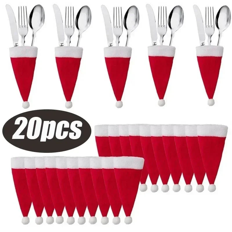 Christmas Decoration Tableware Holder Bag Christmas Hat Fork Knife Cutlery Bag Xmas Home Kitchen Decor Ornament Navidad New Year