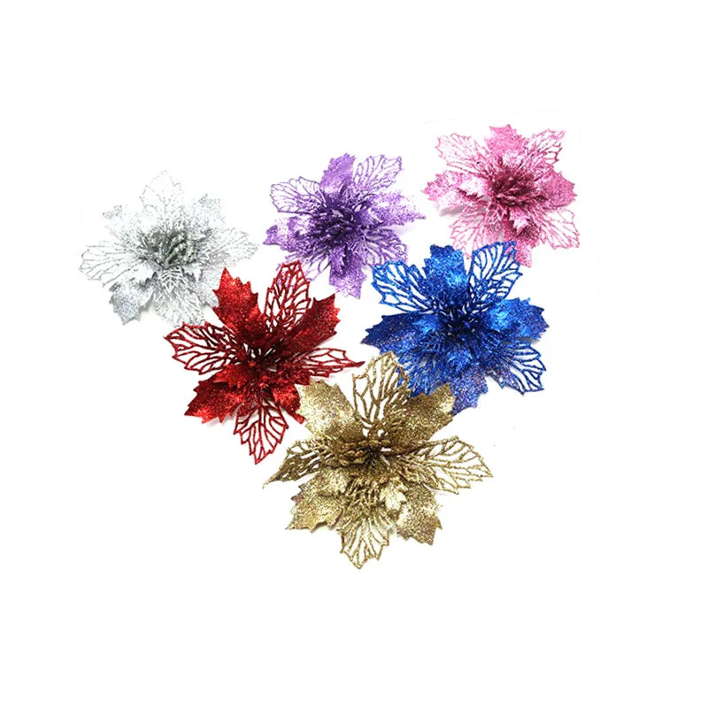 9cm Glitter Artifical Christmas Flowers Christmas Tree Wreath Decorations Fake Flowers Xmas Garland Ornaments New Year 2024