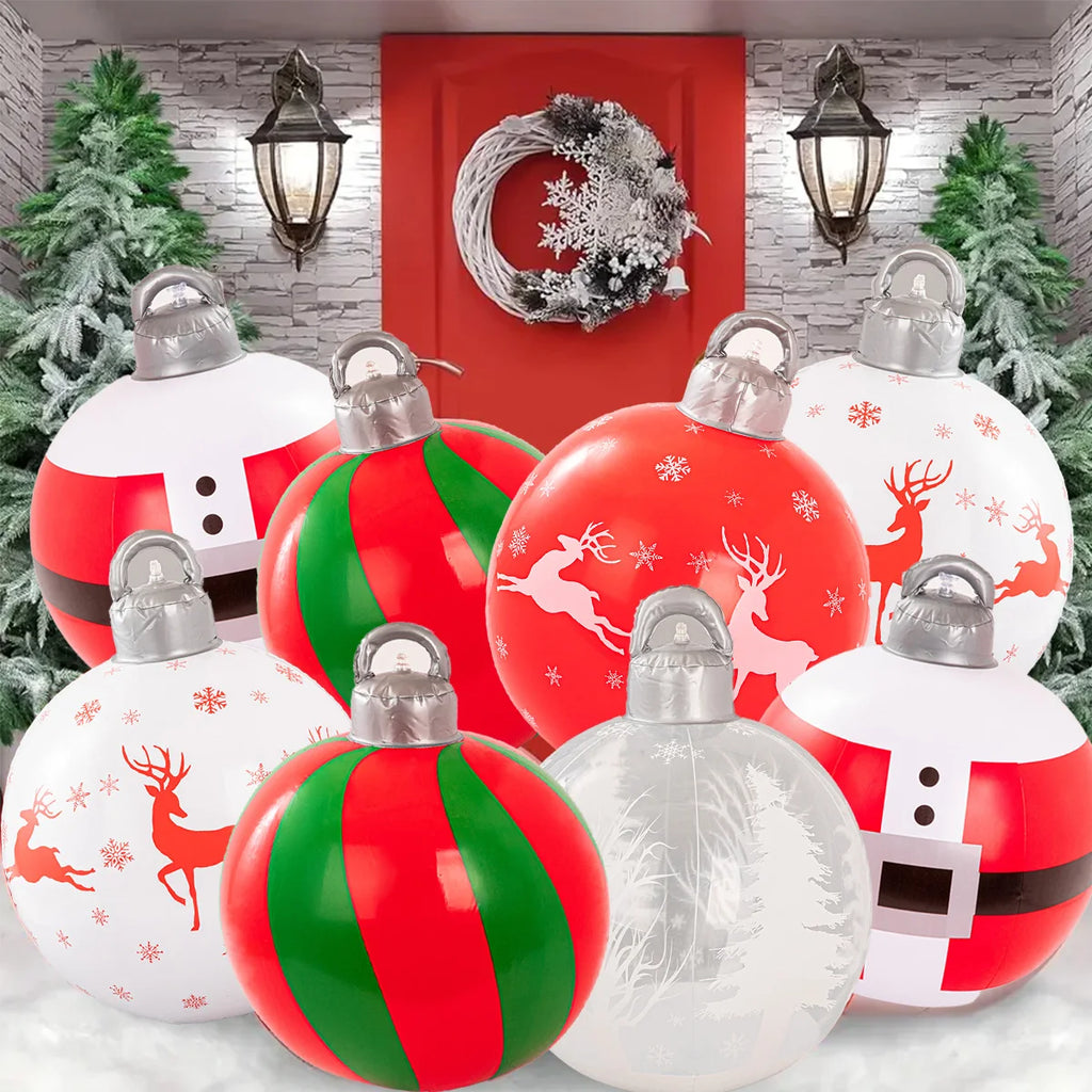 3Pcs Inflatable Christmas Balls (2 Christmas Balls and One Pump) with Portable Handle, Waterproof - Durable Pvc Material, Christmas Red and Green Colors, Featuring Snowman, Reindeer, Christmas Tree and Santa Claus Designs - P