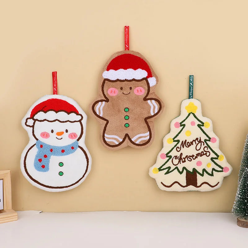 1/3Pcs Christmas Cartoon Hand Towel Gingerbread Man Snowman Tree Design Coral Fleece Hanging Towels Home Kitchen Bathroom Decor
