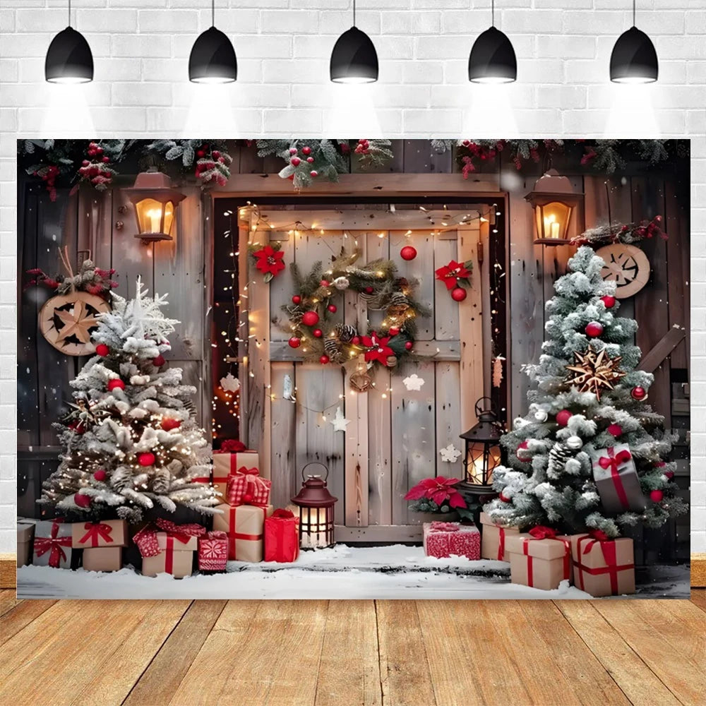 Christmas Photography Backdrop Xmas Tree Gift Toy Window Wood Door Kids Portrait Family Party Photo Background Decor Photostudio