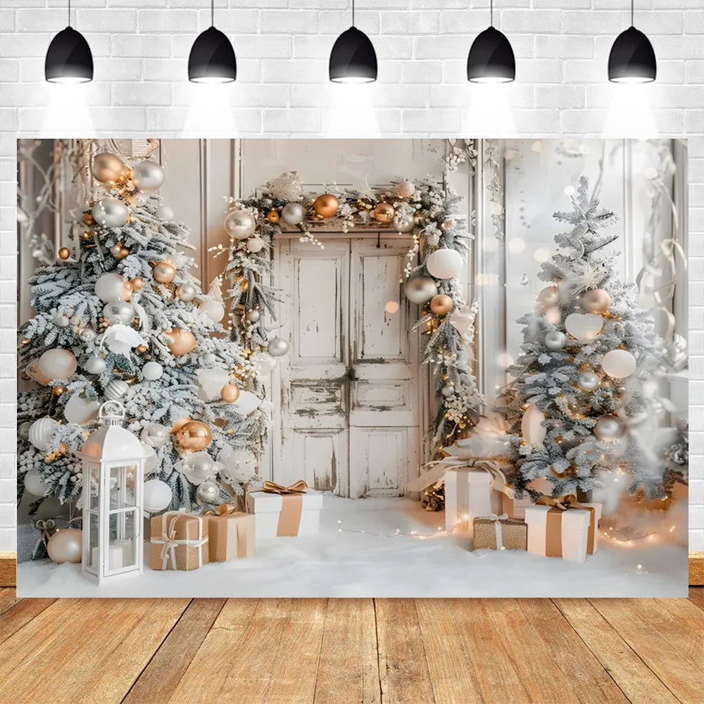 Christmas Photography Backdrop Xmas Tree Gift Toy Window Wood Door Kids Portrait Family Party Photo Background Decor Photostudio