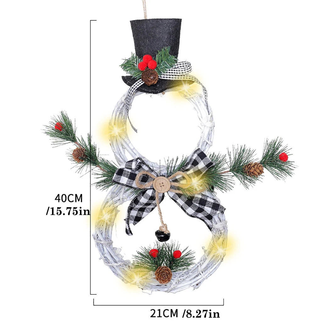 Christmas Snowman Wreath Garland Led Light Door Decoration Artificial Home Window Wall Background Door Hanging Luminous Ornament