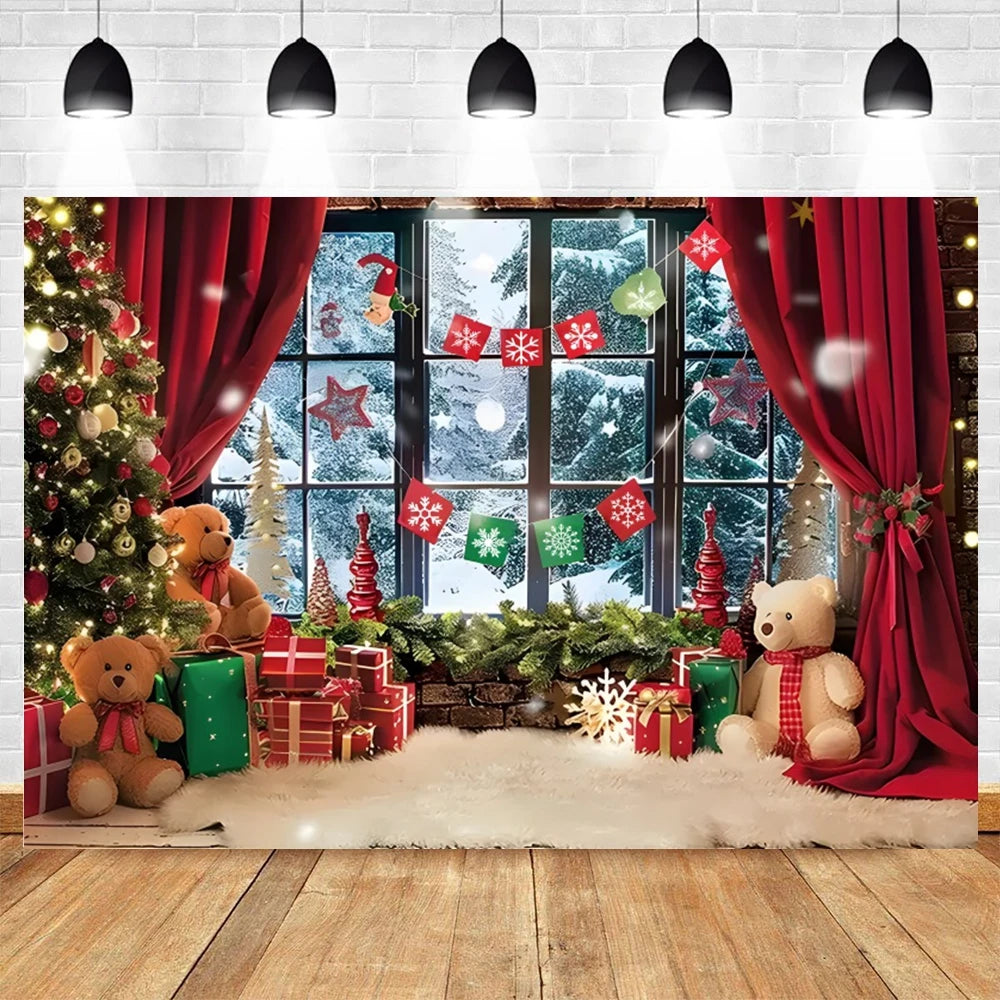 Christmas Photography Backdrop Xmas Tree Gift Toy Window Wood Door Kids Portrait Family Party Photo Background Decor Photostudio