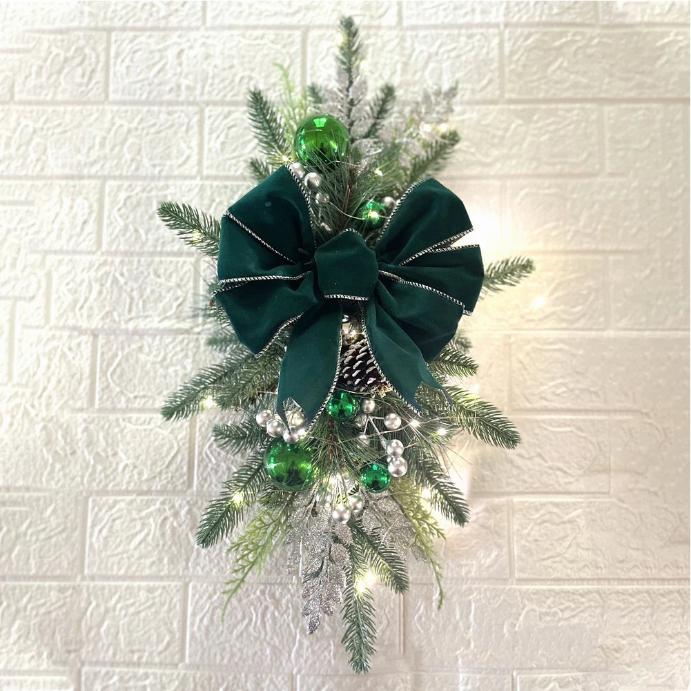 LED Artificial Garland Stair Wreath Prelit Christmas Wreath Garland Pine/Bow Light Up Cordless for Front Door Wall Window Stair