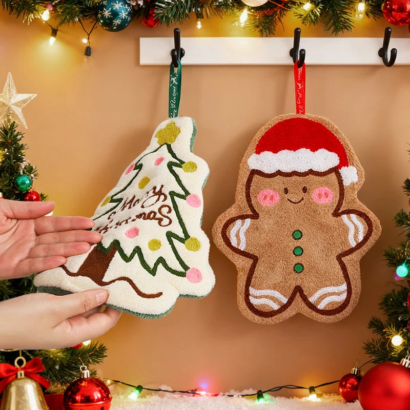 1/3Pcs Christmas Cartoon Hand Towel Gingerbread Man Snowman Tree Design Coral Fleece Hanging Towels Home Kitchen Bathroom Decor