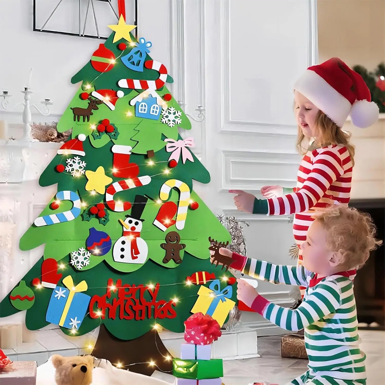 Felt Christmas Tree with Ornaments DIY Cristmas Ornament Navidad Gifts Santa Claus New Year Door Wall Hanging Decorations