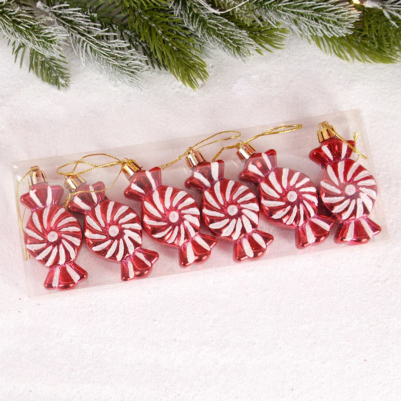 6pcs/box Christmas Tree Pendant Red Star Candy Snowflake Xmas Ball Ornament New Year 2025 Home Decoration Noel Gift Navidad 2024