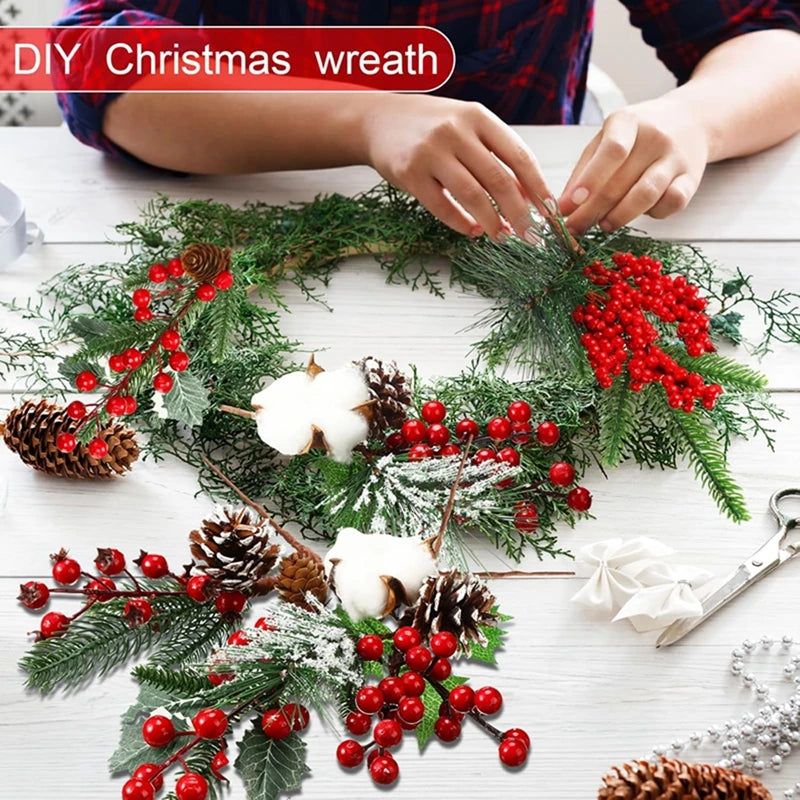 Christmas Decorations Red Berry Artificial Pine Bouquet Branch Xmas Tree Ornament Home Decor New Year 2025 DIY Gifts Accessories