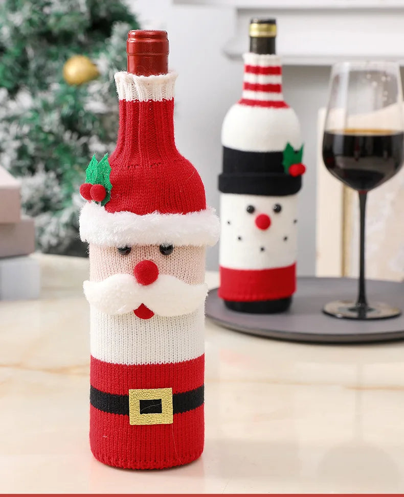Christmas Wine Bottle Cover Set Santa Snowman Woven Wine Bottle Bags for Christmas Party Dinner Table Decorations New Year Gifts