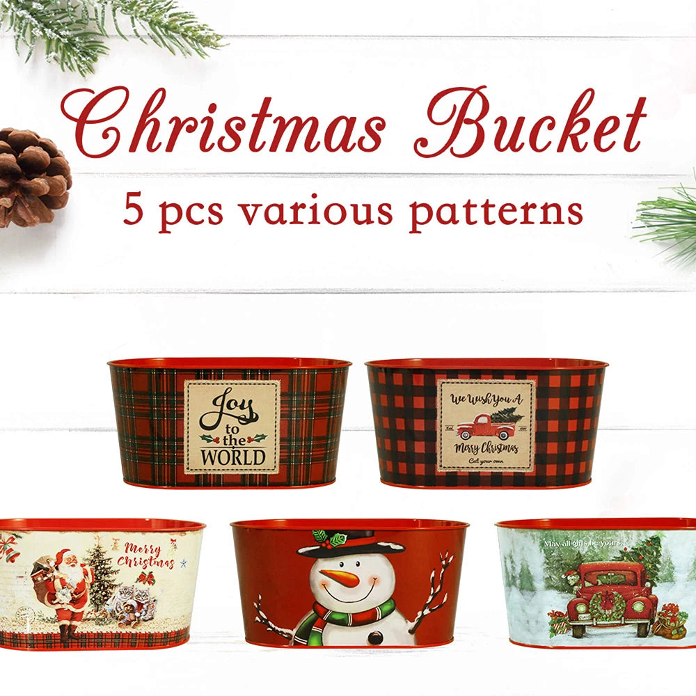 Putuo Decor 5pc Metal Xmas Bucket, Joy to the World We Wish You a Merry Christmas,Decorations for Home  Xmas Party Holiday Bar