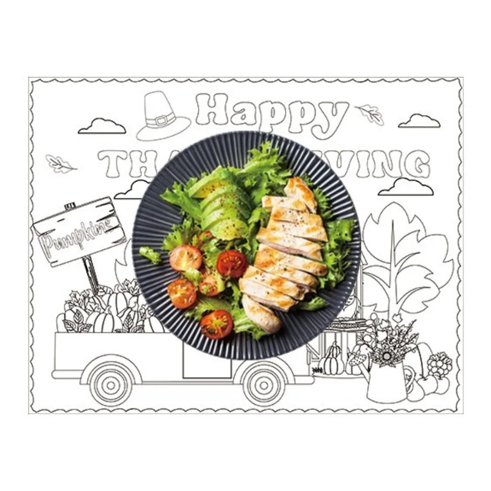 8pcs Hand-painted Thanksgiving Placemat Turkey Pumpkin Cup Plate Mat DIY Paper Placemat Turkey Design Paper Material