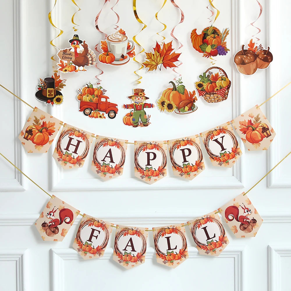 Hello Autumn Thanksgiving Decoration Happy Fall Banner Maple Leaf Cake Toppers Pumpkin Honeycomb Wall Fireplace Hanging Ornament
