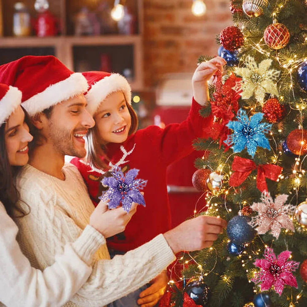 9cm Glitter Artifical Christmas Flowers Christmas Tree Wreath Decorations Fake Flowers Xmas Garland Ornaments New Year 2024