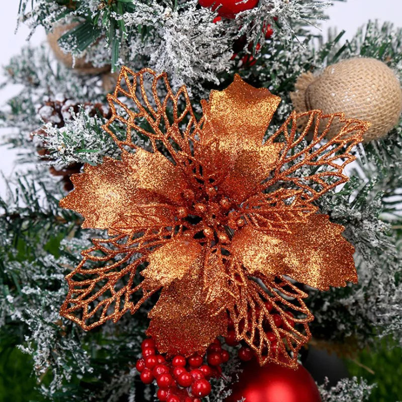9cm Glitter Artifical Christmas Flowers Christmas Tree Wreath Decorations Fake Flowers Xmas Garland Ornaments New Year 2024