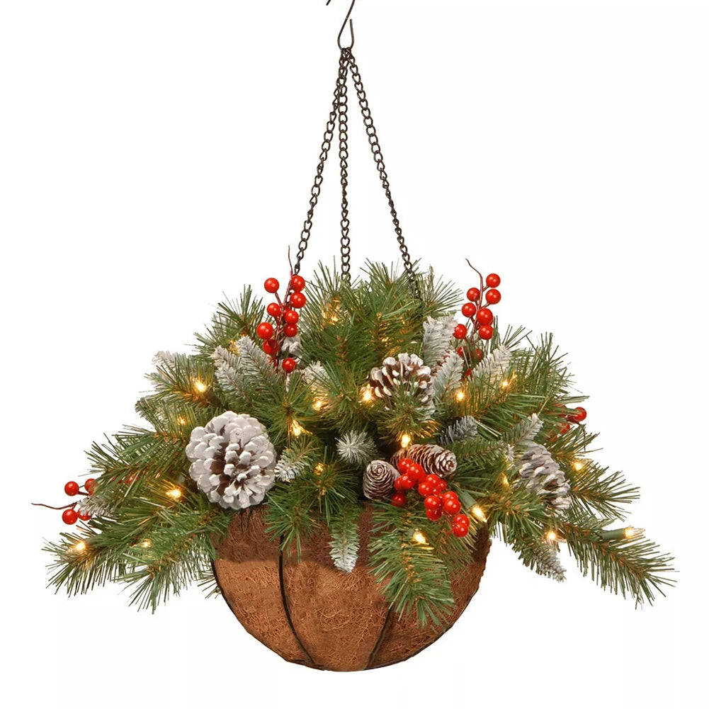 Christmas Pine Branches Berries Hanging Baskets Garlands Artificial Hanging Baskets Christmas Decorations