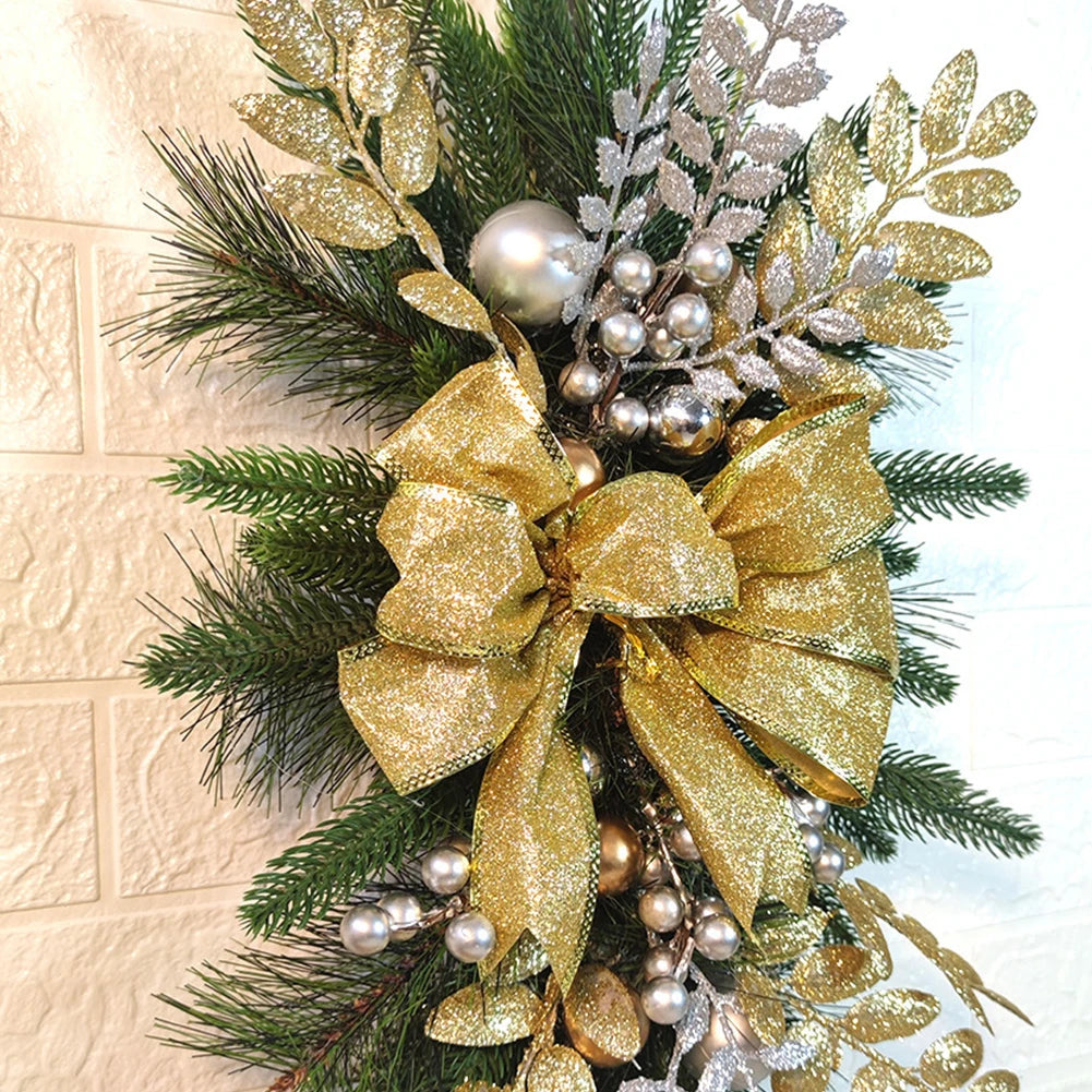 LED Artificial Garland Stair Wreath Prelit Christmas Wreath Garland Pine/Bow Light Up Cordless for Front Door Wall Window Stair