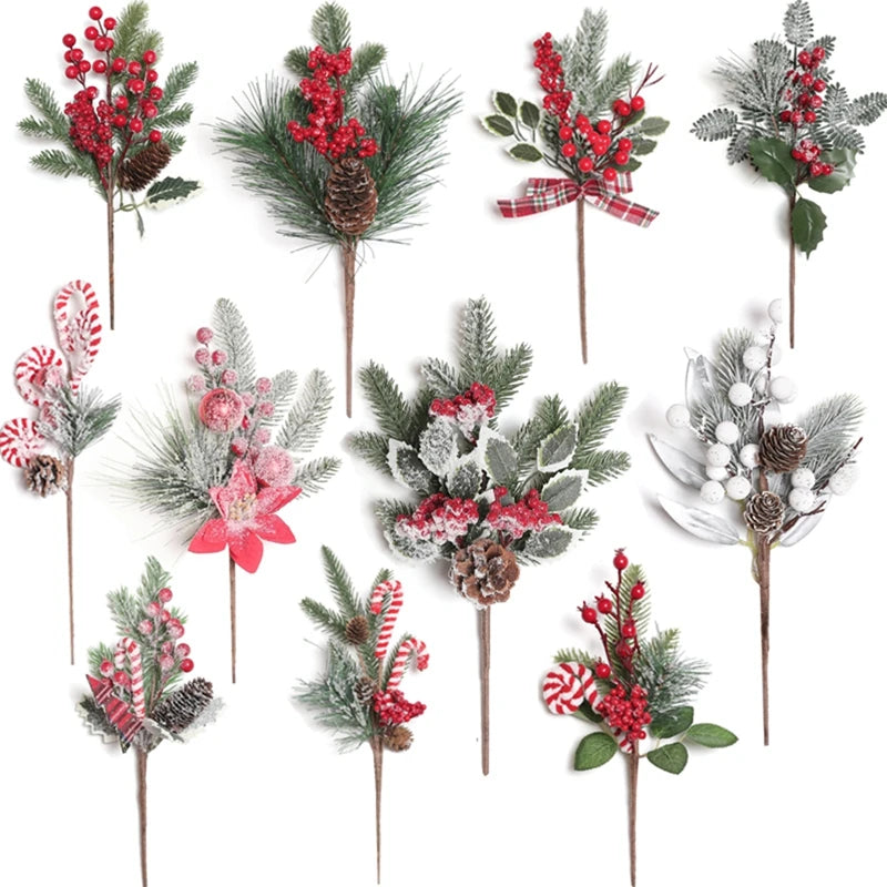 Christmas Decorations Red Berry Artificial Pine Bouquet Branch Xmas Tree Ornament Home Decor New Year 2025 DIY Gifts Accessories