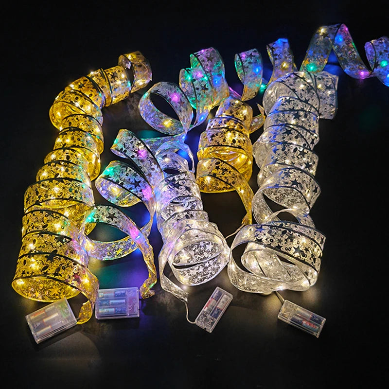1-10M Christmas luminous lights decoration golden Ribbon Fairy String Lights for Home Party Christmas tree supplies decor