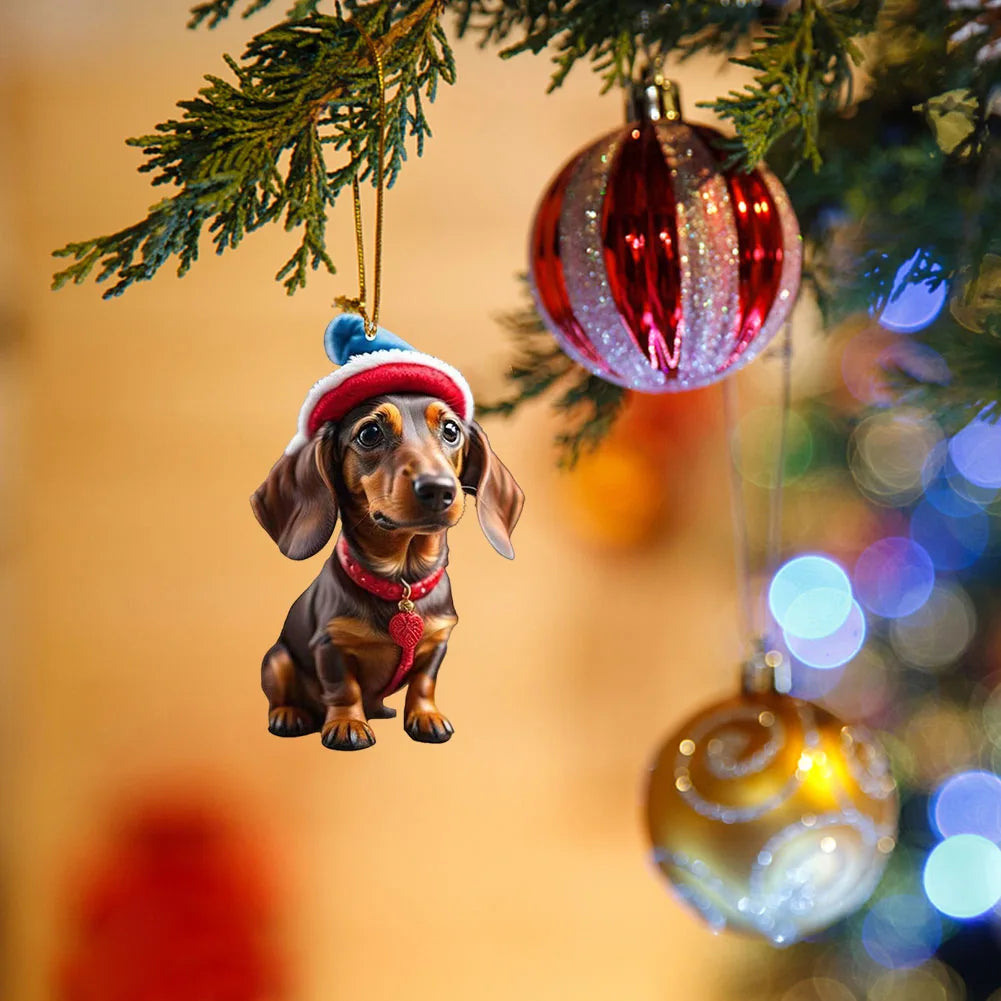 Christmas Hanging Dog Decor Acrylic Dog Figurines Decor Funny Puppy Pendant Xmas Tree Backpack Car Interior Decor