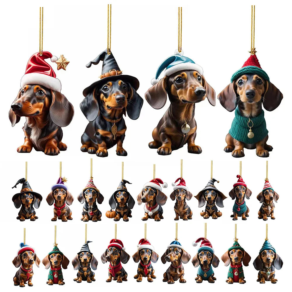 Christmas Hanging Dog Decor Acrylic Dog Figurines Decor Funny Puppy Pendant Xmas Tree Backpack Car Interior Decor