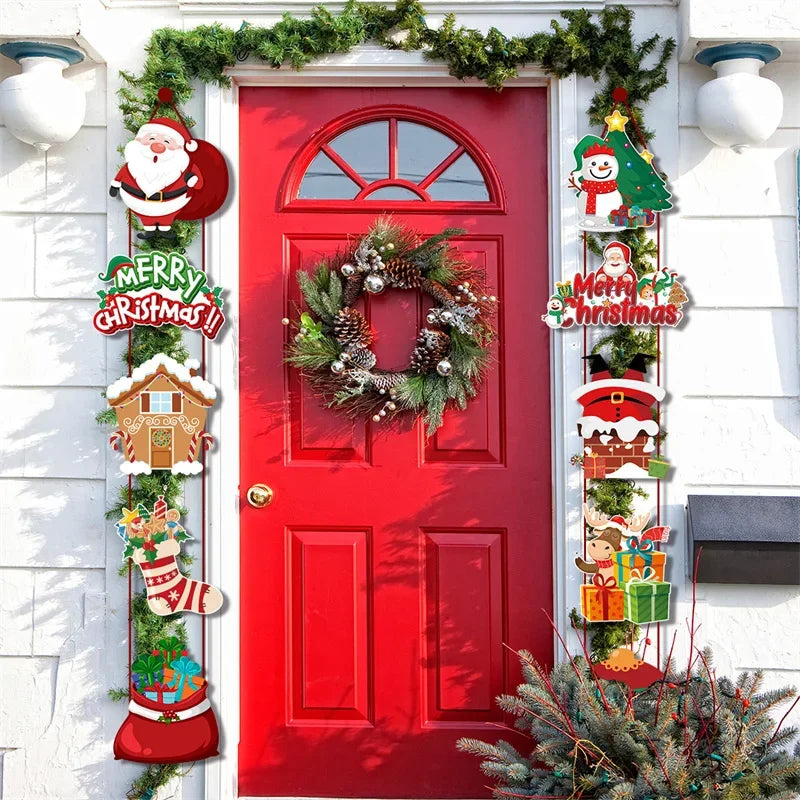 Merry Christmas Decor Door Hanging Banner Santa Claus Snowman Elf Couplet Party Yard Front Door Ornament Xmas Gift
