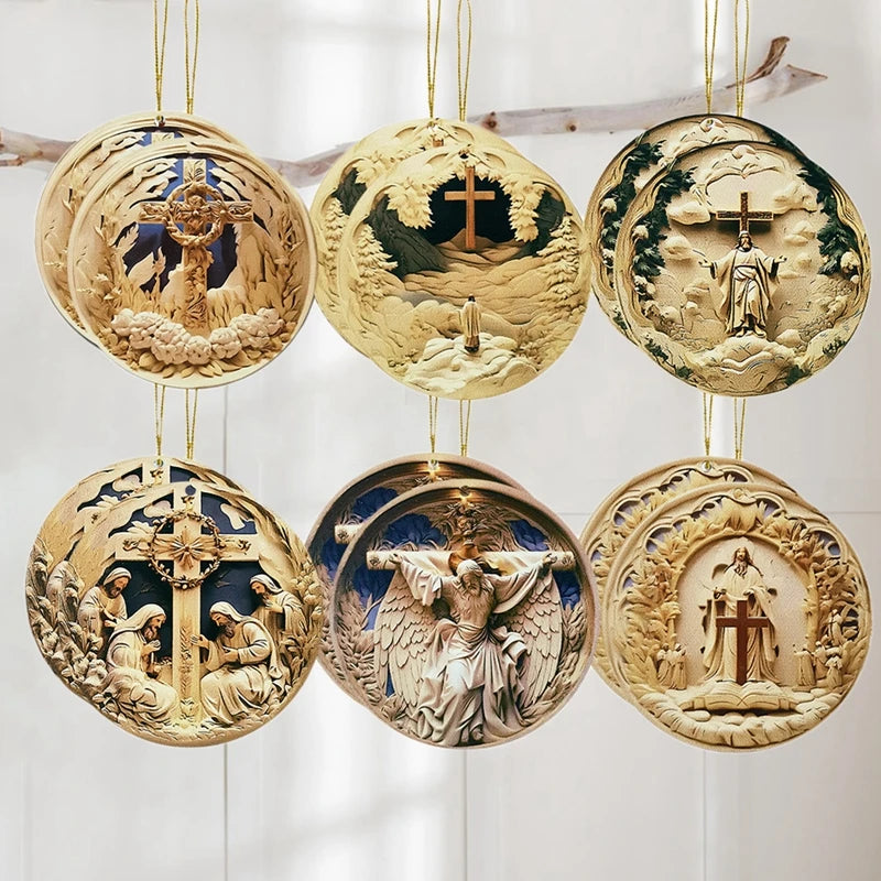 Rustic Nativity Scene Ornaments Set Wooden Christmas Decorations Mini Round Signs for Holiday Home Décor and Gifts