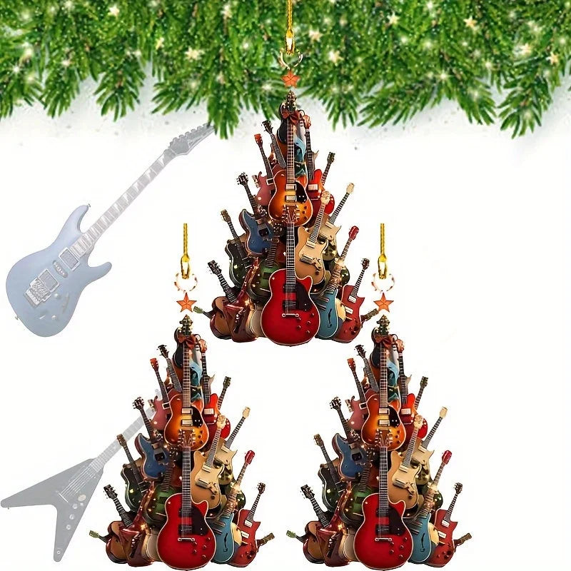 3pcs 2026 New Years Christmas Guitar Hanging Ornaments 2D Flat Acrylic Xmas Tree Pendant Festival Supplies Pendant Decor Gift