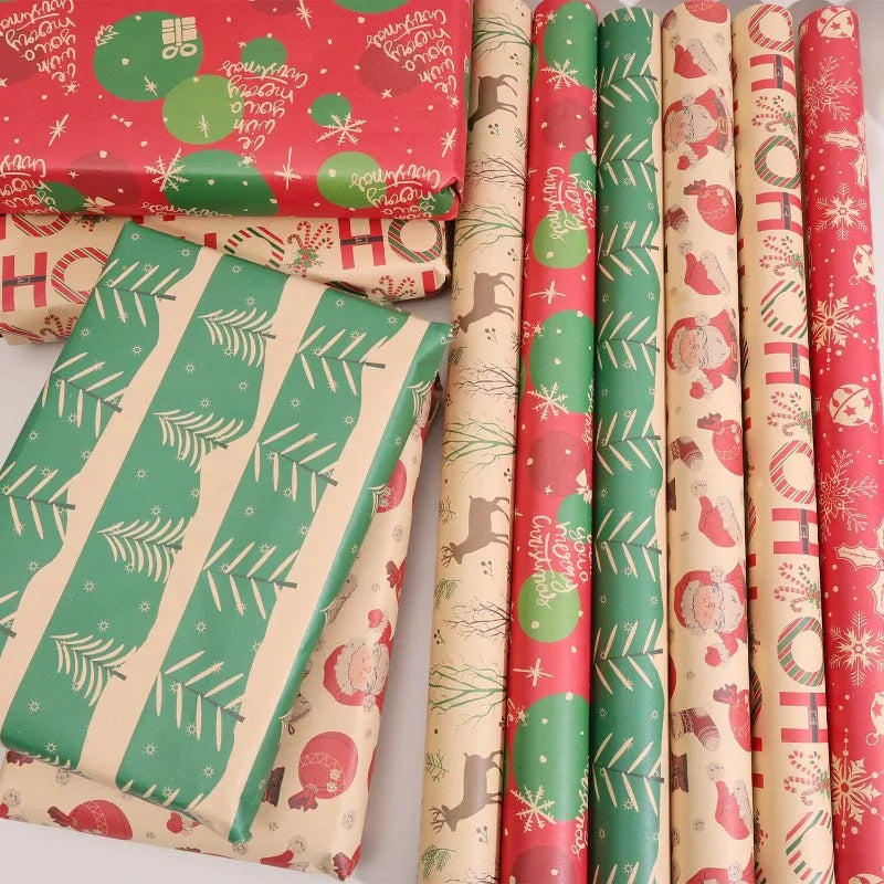 Christmas Kraft Wrapping Paper Cartoon Xmas Tree Santa Claus Gifts Packaging Paper DIY Craft Home Party Decoration Background