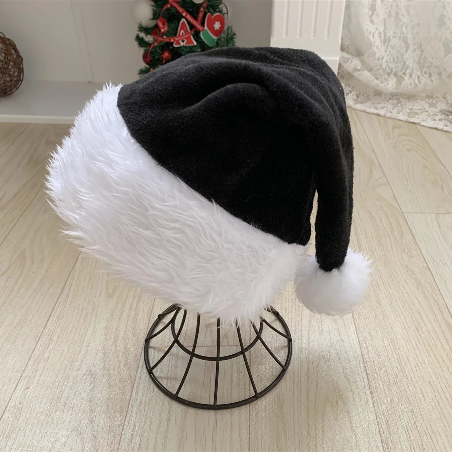 Black and White Fur Plush Hat for Adults and Children, Christmas Cap, Xmas Party, Home Decoration, High Quality