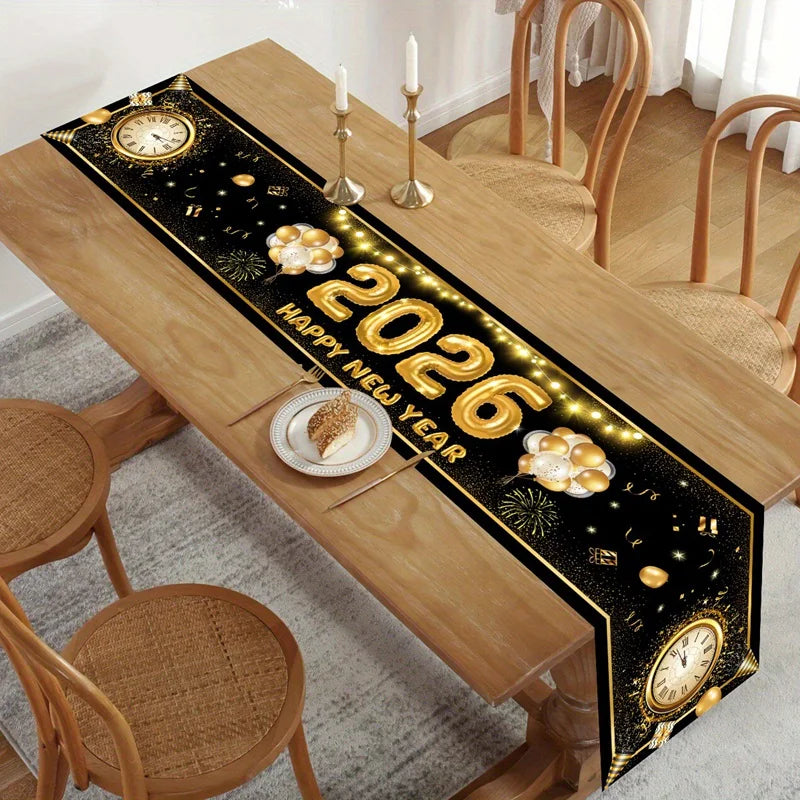 New Year Table Runner Black Gold Glitter New Years Eve Table Cover 2026 Happy New Year Party Table Decorations for Home Party