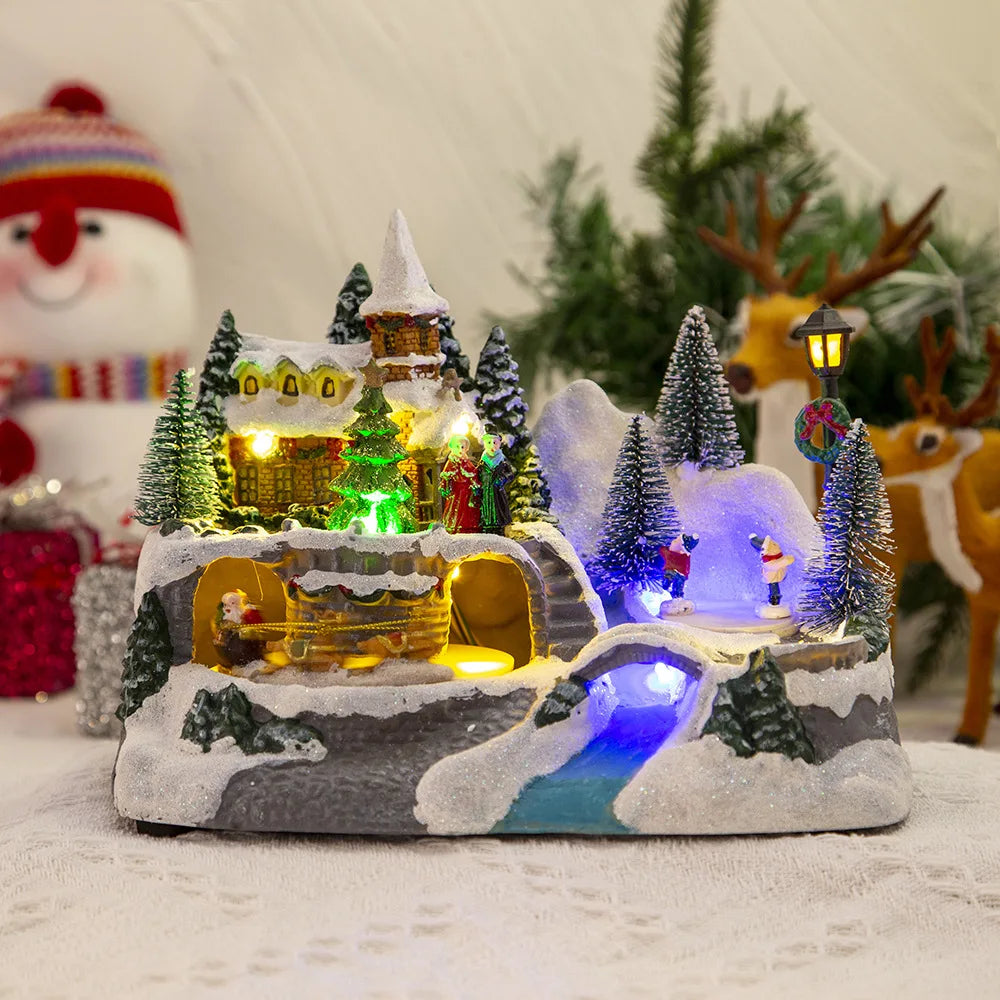 Christmas Luminous House Ornaments Scene Figurine Snow House Figurine Party Favors LED Light and Music for Home Holiday Table
