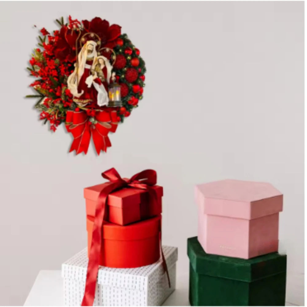 Christmas Decoration Golden Wreath With Lamp For Front Door Red Ball Flower Garland Xmas Ornament Window Wall Hanging Decor
